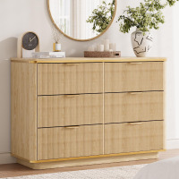 Angel Sar Modern 47'' Fluted Dresser with 6 Drawers, with Golden Metal Handles, Sturdy Legless Foundation, New in Box $499