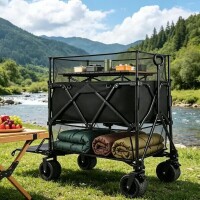Seeutek 20 cu. ft. Black Metal Garden Cart Double Decker Wagon Cart with Wheels Foldable, 550L Large Capacity Collapsible Wagon, New Open Box $399