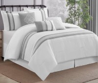 Lanco Striped 7 Piece Grey White Comforter Set, King Size Microfiber Bedding, All Season Bedding Set, Bed Skirt, Pillows & Shams New $299