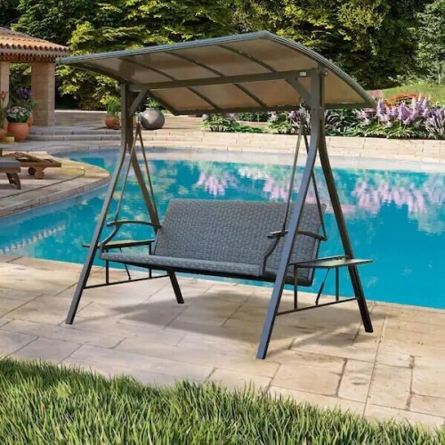 Domi 3-Seat Wicker Patio Swing with Hardtop Canopy and Steel Frame, (2 Boxes), New in Box $599