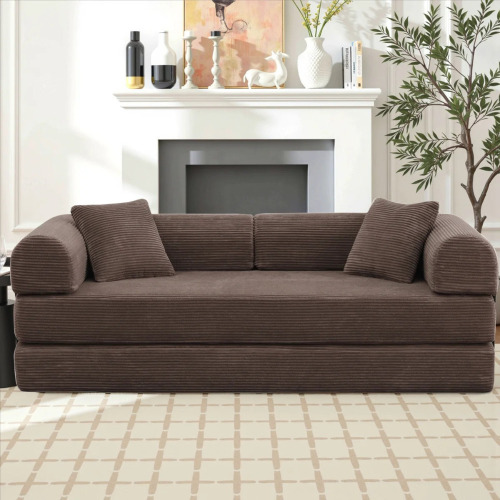 Latitude Run 80" Corduroy Sleeper Sofa Boneless Modular Sofa Bed Compression Foam Couch Bed With 2 Pillows and Fixed Metal Frame, Brown $799