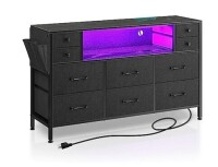 Rolanstar Dresser with Power Outlets and LED Lights, 10 Drawers Dresser with Side Pocket, Fabric Chest of Drawers with PU Finish, Small Dresser with Sturdy Frame & Wood Top for up to 55inch TV, Black New In Box $299