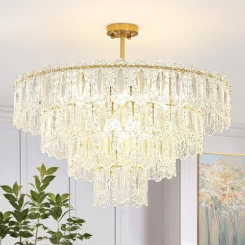 Depuley 12 Light Modern Crystal Chandelier Light 31.5" Gold Semi Flush Mount Ceiling Light Fixture, 3-Tier Pendant Light Fixture for Entryway Dining Room Bedroom, E12 Bulbs Included, New in Box $499