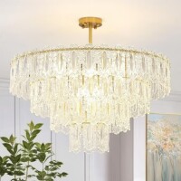 Depuley 12 Light Modern Crystal Chandelier Light 31.5" Gold Semi Flush Mount Ceiling Light Fixture, 3-Tier Pendant Light Fixture for Entryway Dining Room Bedroom, E12 Bulbs Included, New in Box $499