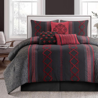 LANCO MODERN LIFESTYLE Black Red King Comforter Set, 7 Pieces All Season Bedding Sets in a Bag with Geometric Terry Embroidered Comforter, Bed Skirt, Pillow Shams and Decorative Pillows New $299