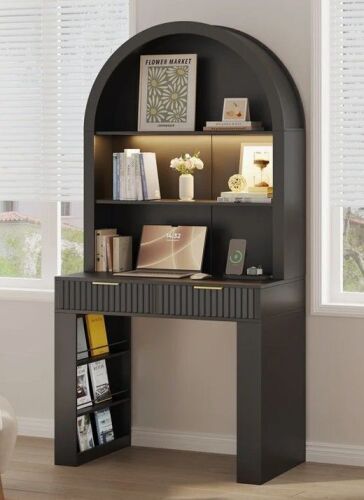 Inbox Zero Writing Desk With Arch Hutch, Fluted Drawer & Storage Shelves, Modern Wood Computer Desk With Storage in Black new in Box $499