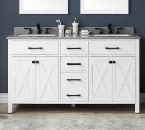 Ove XERES 60" PURE WHITE Double Basin Vanity Cabinet with Gray Top New in Box $1899
