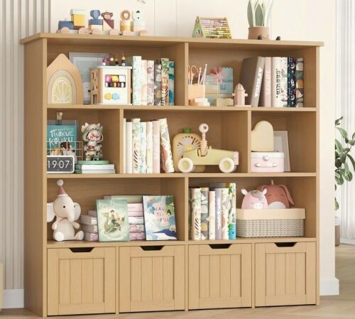 Harriet Bee Kirklyn 49.4" 7-Cube Standard Bookcase with 4 Drawers, Wood Storage Bookshelf in Mid-Century Modern, Oak New in Box $499