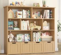 Harriet Bee Kirklyn 49.4" 7-Cube Standard Bookcase with 4 Drawers, Wood Storage Bookshelf in Mid-Century Modern, Oak New in Box $499