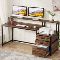 17 Stories Denfield Desk with Hutch, Drawers, Elevated Monitor Riser Stand, (62.99" W x 19.68" D x 35.43" H), Rustic Brown/Black New Open Box $299