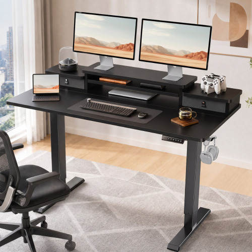 17 Stories 55" Electric Adjustable Standing Desk with Dual-Tier Monitor Shelf, 4 Memory Presets, and 2 Drawers - Black New In Box $499