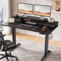 17 Stories 55" Electric Adjustable Standing Desk with Dual-Tier Monitor Shelf, 4 Memory Presets, and 2 Drawers - Black New In Box $499