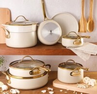 Bloomhouse 15-Piece Cookware Set - PFAS-Free Ceramic Nonstick Aluminum - Almond Cream with Gold Handles New in Box