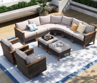 PHI VILLA Brown Wicker Rattan 10 Seat 10-Piece Steel Outdoor Patio Sectional Set with Beige Cushions,2 Swivel Sofas and 2 Ottomans (6 Boxes) New in Box $2499