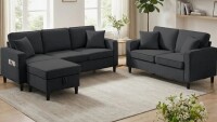 Mjkone 3-Piece Linen Living Room Set with Storage Ottoman,Sectional Sofa & Loveseat with Side Pockets New in Box $999
