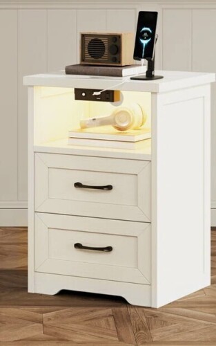 Ophelia & Co. Aeliana Farmhouse Nightstand with Charging Station and LED Lights, 2 Drawers Bed Side Table for Bedroom, Living Room New In Box $299