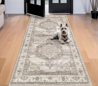 Bungalow Rose Wide Hallway Runner Rug: Vintage Washable Soft Rug for Living Room Bedroom Water Resistant Carpet with Non-Slip Backing for Entry Kitchen Dining Room Thin Nursery Bathroom Floor Mat (Beige), Runner 4' x 8' New In Box $299