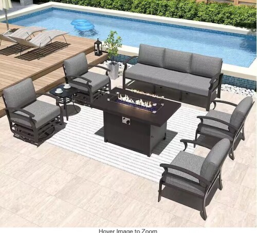 Halmuz 7-Seat Aluminum Patio Conversation Set with armrest, Firepit Table, Swivel Rocking Chairs and Grey Cushions (4 Boxes) New in Box $1999
