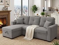 Noble House Mary 71 in. Fabric Upholstered L-Shaped Storage Sectional Sofa in Light Gray with Pull-Out Bed, Reversible Chaise in Gray New in Box $699