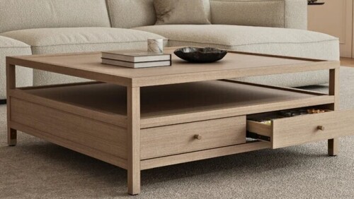17 Stories Light Oak Coffee Table With Drawers & Open Shelf, Square Low Living Room Table New Shelf Pull $1199