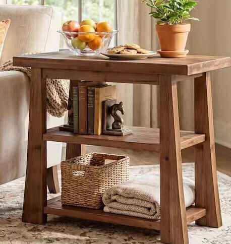 BybLight Kerlin 27.56 in. Brown Rectangle Solid Wood End Table Side Table with 3-Tier Storage Shelving New in Box $299