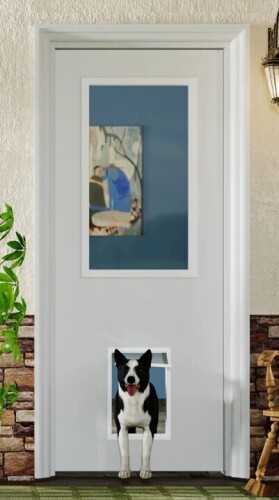 Doooli Exterior Doors - 1 Lite Transparent Glassed White MDF Front Door Slab With Large Pet Door 36" x 80" New in Box $599