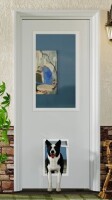Doooli Exterior Doors - 1 Lite Transparent Glassed White MDF Front Door Slab With Large Pet Door 36" x 80" New in Box $599