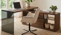 East Urban Home Lux 55,83" L-Shaped Executive Desk with Storage Cabinet in Walnut/Gray New in Box $999