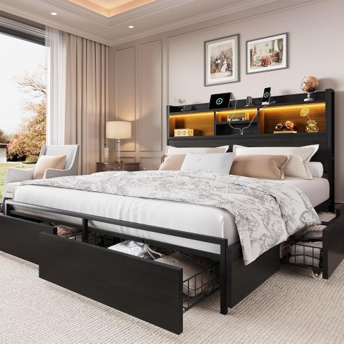 LARMACE Queen Size Bed Frame with 6 Storage Drawers and Headboard Wooden Platform Bed Frame with LED Lights and Charging Station Easy Assembly/No Box Spring Needed/Black New open Box $499