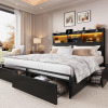LARMACE Queen Size Bed Frame with 6 Storage Drawers and Headboard Wooden Platform Bed Frame with LED Lights and Charging Station Easy Assembly/No Box Spring Needed/Black New open Box $499