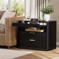 Millwood Pines 27" Nightstand with Charging Station, 2 Drawers & Open Storage, Bedside Table with Pull-Out Tray, Modern Bedroom End Table, Black, New in Box $399
