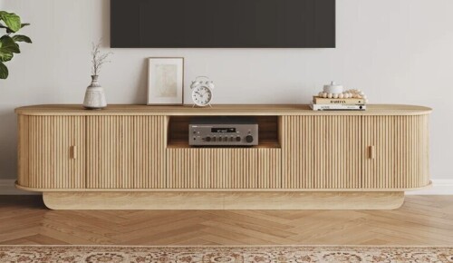Ebern Designs 86.6" Curved TV Stand for 85 Inch TV, Entertainment Center with Storage, Fluted Media Console with Sliding Doors, Mid Century Modern TV Consoles for Living Room, Bedroom New In Box $499
