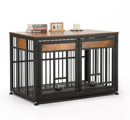 EOXNYZR 48" x 28" x 30" Dog Crate Furniture with Removable Tray, Heavy Duty Dog Kennel Indoor for Medium Dogs, Double-Doors Sturdy Metal Dog Cage for Anxiety Dog, Wooden Cage Kennel Furniture Indoor New Open Box $299