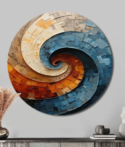 Design Art Blue and Orange Collaged Spiral - Abstract Round Print on Metal Art, Round Wall art Print (No Texture), 36" H x 36" W x 1" D New In Box $299