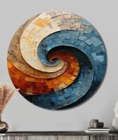 Design Art Blue and Orange Collaged Spiral - Abstract Round Print on Metal Art, Round Wall art Print (No Texture), 36" H x 36" W x 1" D New In Box $299