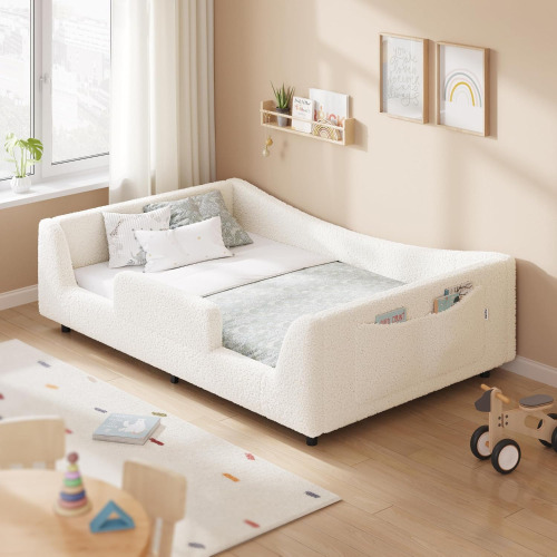 Wrought Studio Twin Floor Bed, Low Montessori 2-in-1 Bed, Slats, High Rails, Upholstered -Beige Full New Open Box $499