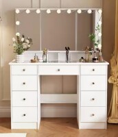 FUFU&GAGA White Makeup Vanity Desk 9-Drawers Wood Dressing Table With 3 Mirrors, Glass Top, Hidden Storage Shelves, LED Bulb Light New In Box $399