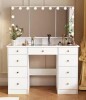 FUFU&GAGA White Makeup Vanity Desk 9-Drawers Wood Dressing Table With 3 Mirrors, Glass Top, Hidden Storage Shelves, LED Bulb Light New In Box $399