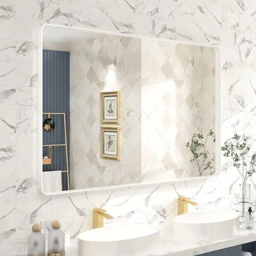 Apmir 48" W x 32" H Rectangular Aluminum Alloy Framed and Tempered Glass Wall Bathroom Vanity Mirror in Matte White, New in Box $399