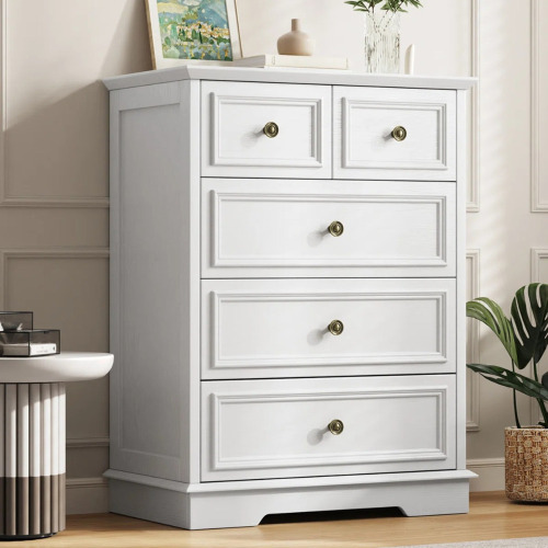 Lark Manor Valera 5-Drawer Dresser With Elegant Arched Base And Round Metal Knobs, White, New Shelf Pull $699