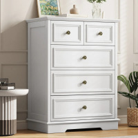 Lark Manor Valera 5-Drawer Dresser With Elegant Arched Base And Round Metal Knobs, White, New Shelf Pull $699