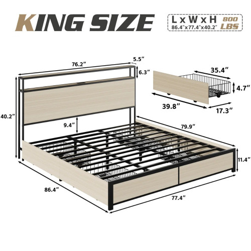 Latitude Run King Metal Platform Bed Frame with 2-Tier Storage Headboard, 4 Storage Drawers, Built in Charging Station & LED, Noise-Free/No Box Spring Needed, Beige, New Shelf Pull $499