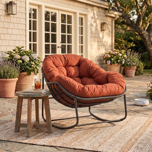 Wildon Home Cadynce Powder Coated Steel Outdoor Chair, with Black Metal Base and Orange Cushion, New in Box $399