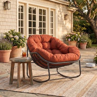 Wildon Home Cadynce Powder Coated Steel Outdoor Chair, with Black Metal Base and Orange Cushion, New in Box $399