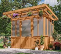 Backyard Discovery Poppy 9 ft. W x 6 ft. D x 8 ft. H Cedar Wood and Polycarbonate Light Brown Walk-in Outdoor Greenhouse Kit w/ PowerPort (4 Boxes) New in Box $2999 (May be incomplete)