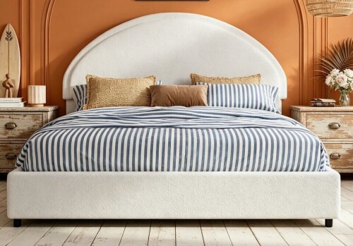Ebern Designs Bensu Luxury Curve-Shaped Queen Size Headboard Bed Frame, Elegant Boucle Upholstered Platform Bed with Modern Design New in Box $399