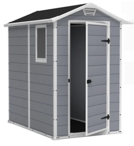 Keter Manor 4' x 6' Resin Storage Shed, All-Weather Plastic Outdoor Storage, Gray/White New in Box $599