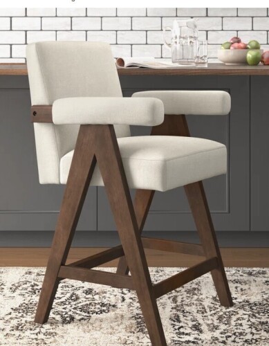 Mercury Row Brittnie 25.5" Full Back Walnut Wood Upholstered Counter Stool With Arms New in Box $499