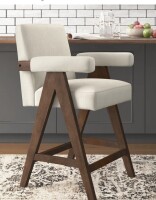 Mercury Row Brittnie 25.5" Full Back Walnut Wood Upholstered Counter Stool With Arms New in Box $499