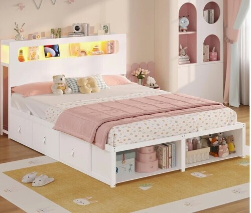 Wrought Studio Twin Size Bed Frame with 6 Storage Drawers & RGB Headboard, Built-in Charging Station, Lighted 2-Tier Shelf Headboard & 2 End Cubbies, No Box Spring Needed, Metal Slats, in Beige New in Box $499